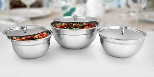 Shri & Sam Stainless Steel Serving Bowl with Stainless Steel Lid, 3 Pieces, Silver (Tezon) - Image 3